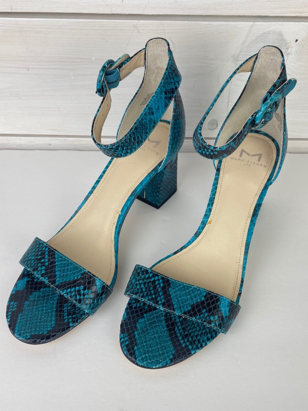 Mark Fisher Blue Snakeskin Square Heel Sandals Ankle Strap Women's Size 8.5M